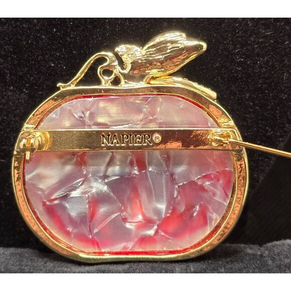 Napier Lucite Pumpkin Brooch Rhinestone Leaves & Stem Crystal Pin - Picture 6 of 7